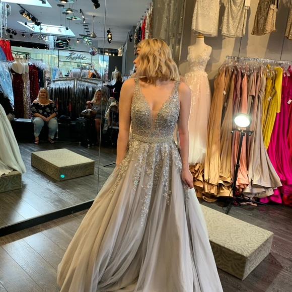 Elegant Silver Beaded A-Line Evening Dress